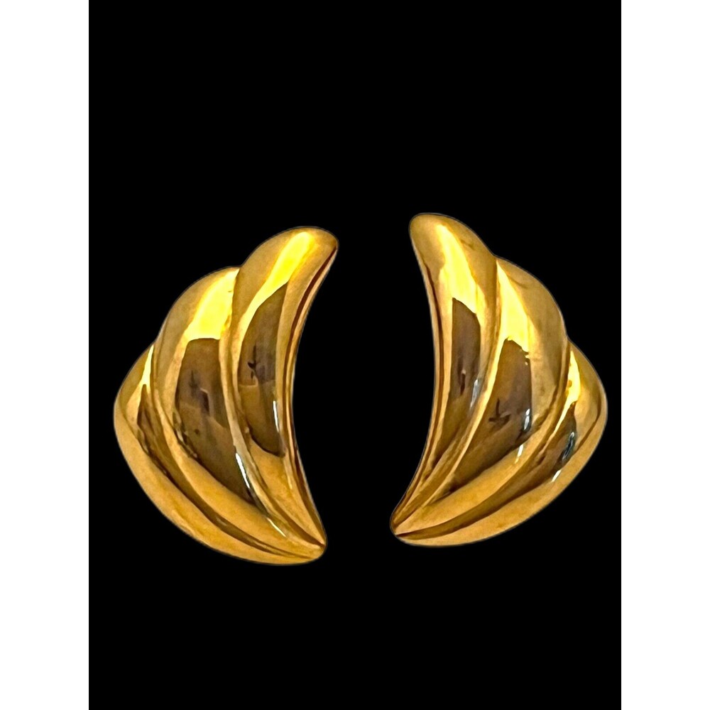 Vintage 1980s Trifari Earrings Sculptural Fan Gold Tone Clip Ons - 5F